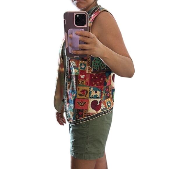 Vintage Paula Elise open front vest 90s patchwork farm novelty print size S/M - Picture 7 of 7